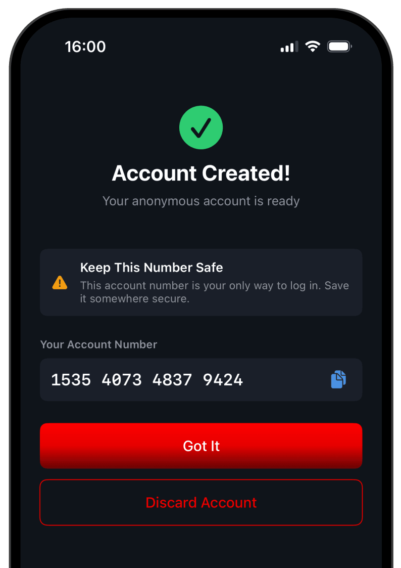 WireDog VPN app showing a newly created anonymous 16-digit account number
