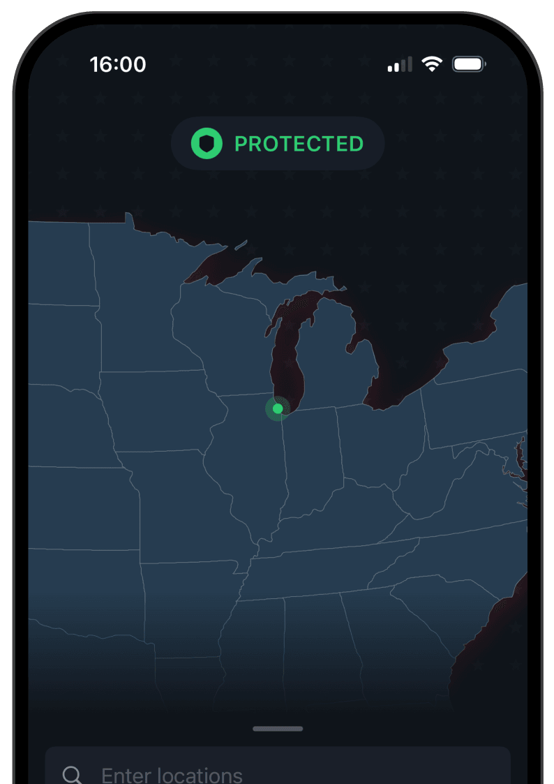 WireDog VPN app showing a U.S. map with a connected server location